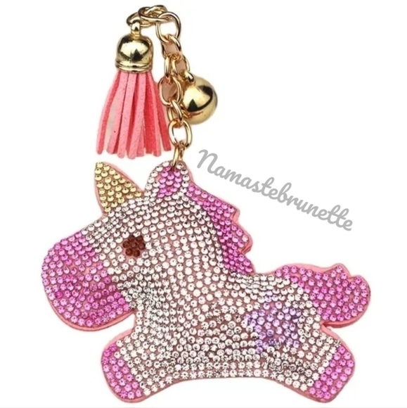 Unicorn Crystal Rhinestone Keychain Bag Charm With Blue Tassel - Picture 4 of 16
